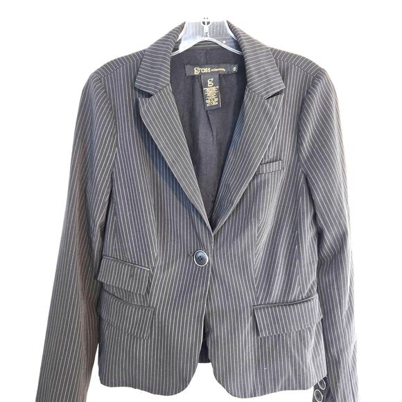 Grass Collection Women's Blazer Medium M Gray Stripe Suit Coat Misses Size 8 10 - Picture 1 of 7